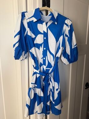 Blue and White Floral Button-Front Shirt Dress with Tie Waist